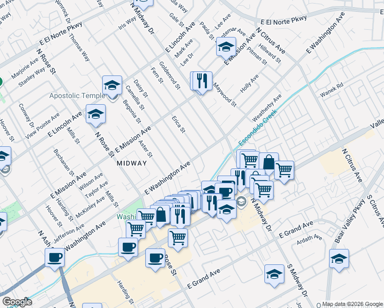 map of restaurants, bars, coffee shops, grocery stores, and more near 629 Erica Street in Escondido