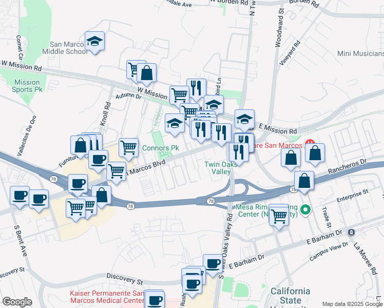 map of restaurants, bars, coffee shops, grocery stores, and more near 218 West San Marcos Boulevard in San Marcos