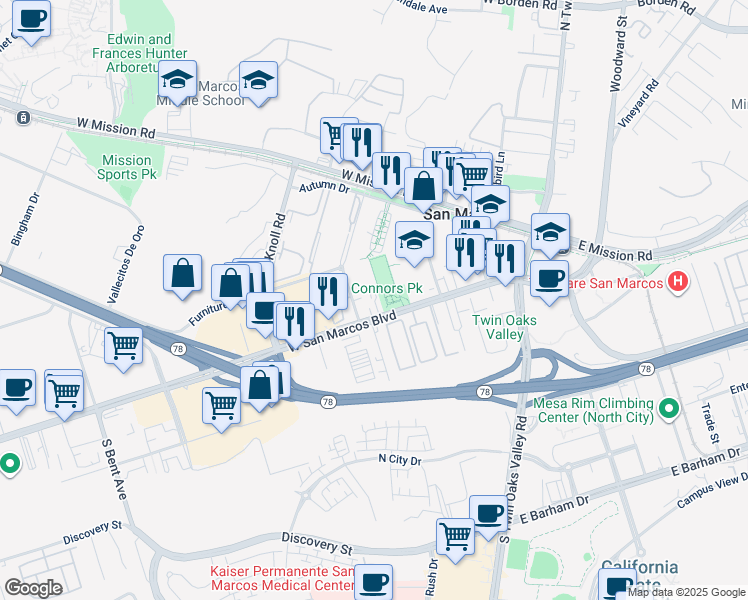 map of restaurants, bars, coffee shops, grocery stores, and more near 320 West San Marcos Boulevard in San Marcos
