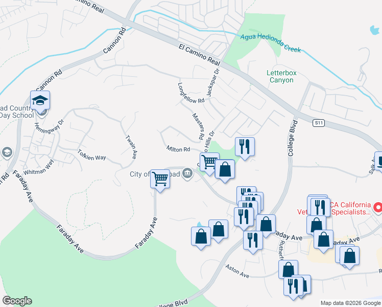 map of restaurants, bars, coffee shops, grocery stores, and more near 2249 Masters Road in Carlsbad