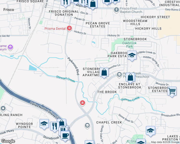 map of restaurants, bars, coffee shops, grocery stores, and more near 7500 Rolling Brook Drive in Frisco