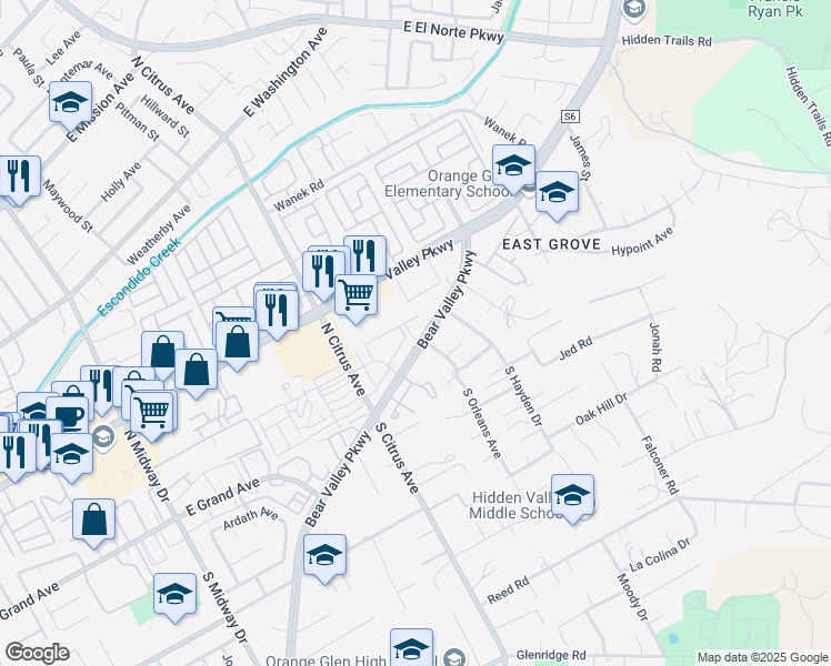 map of restaurants, bars, coffee shops, grocery stores, and more near 2530 Bear Valley Parkway in Escondido