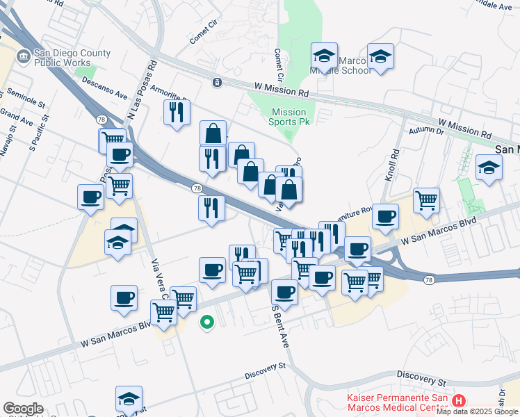 map of restaurants, bars, coffee shops, grocery stores, and more near 422 Los Vallecitos Boulevard in San Marcos