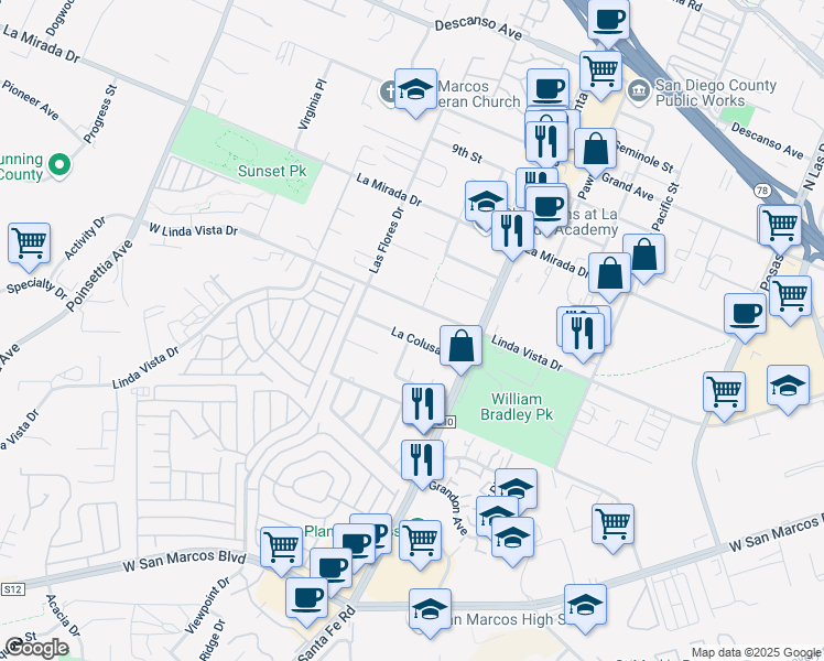 map of restaurants, bars, coffee shops, grocery stores, and more near 3764 La Colusa Drive in San Marcos