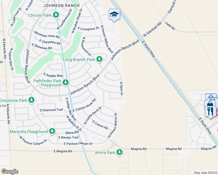 map of restaurants, bars, coffee shops, grocery stores, and more near 1137 East Canyon Trail in Queen Creek