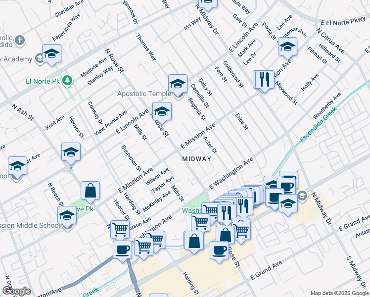 map of restaurants, bars, coffee shops, grocery stores, and more near 1621 East Mission Avenue in Escondido