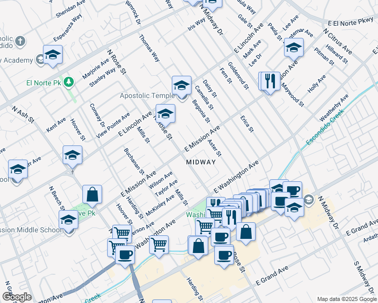 map of restaurants, bars, coffee shops, grocery stores, and more near 1621 East Mission Avenue in Escondido
