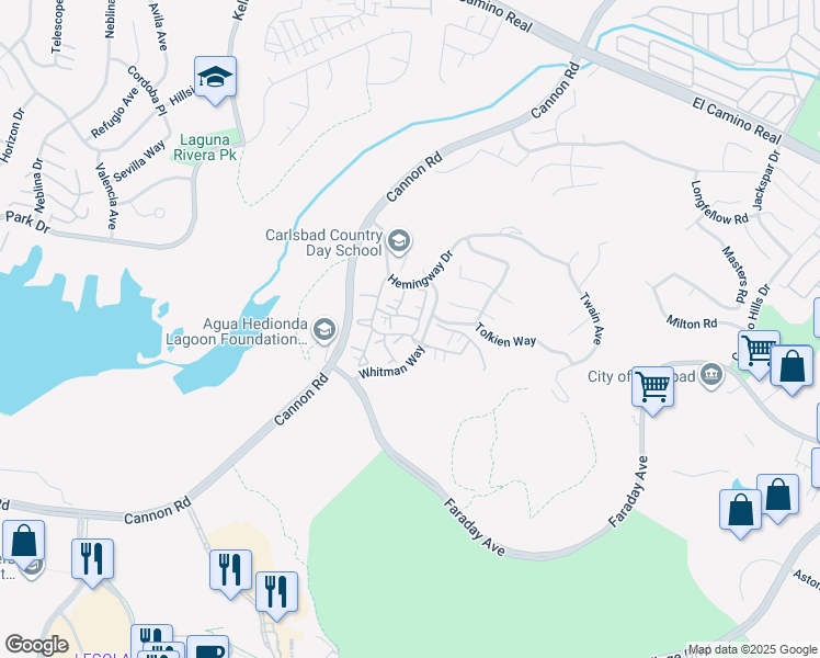 map of restaurants, bars, coffee shops, grocery stores, and more near 5162 Whitman Way in Carlsbad
