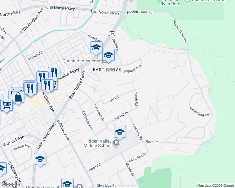 map of restaurants, bars, coffee shops, grocery stores, and more near 2774 Jody Place in Escondido