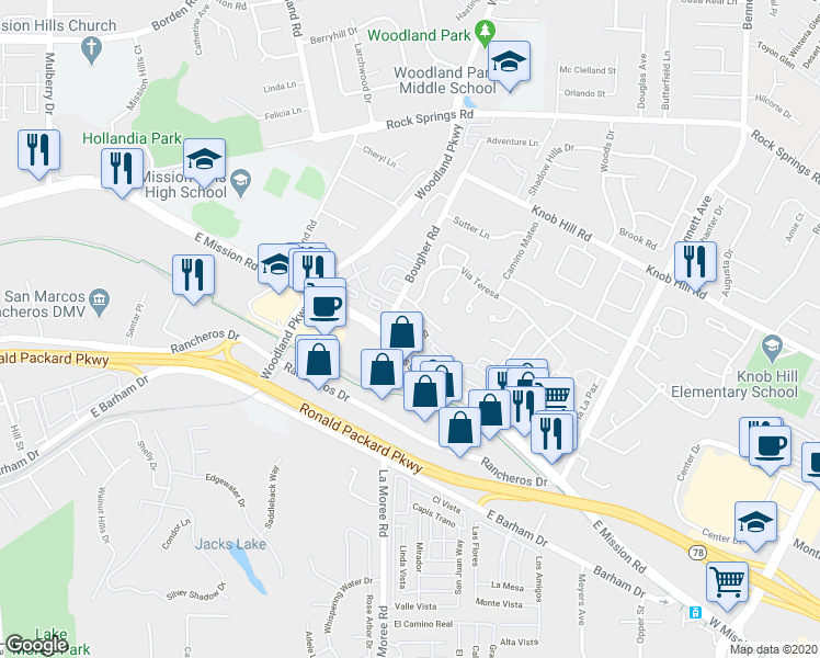 map of restaurants, bars, coffee shops, grocery stores, and more near 1010 Grape Street in San Marcos