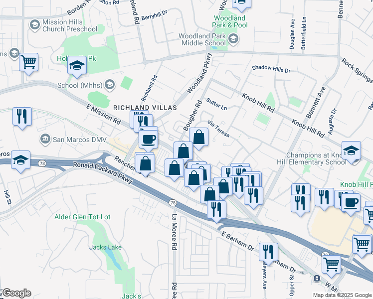 map of restaurants, bars, coffee shops, grocery stores, and more near 1055 Ficus Lane in San Marcos