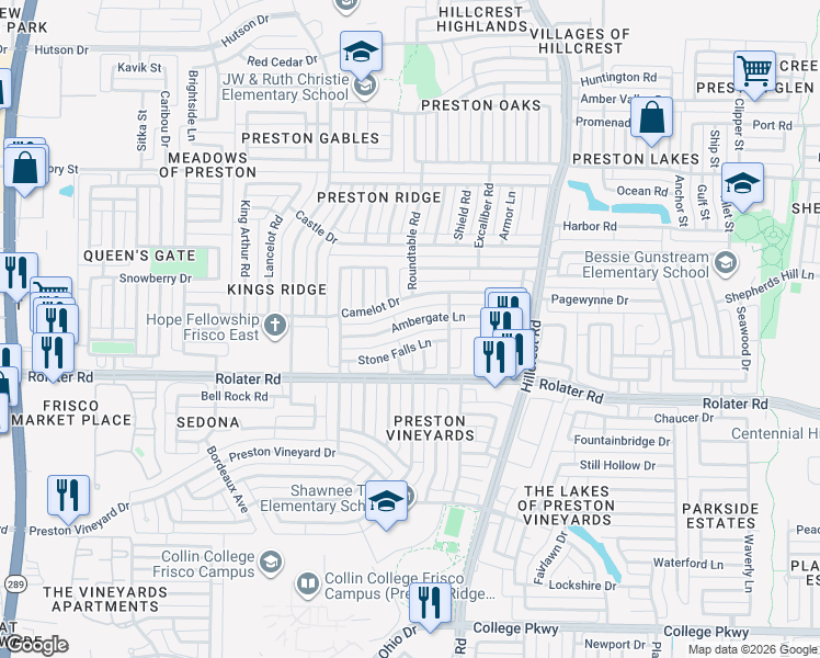 map of restaurants, bars, coffee shops, grocery stores, and more near 10505 Ambergate Lane in Frisco