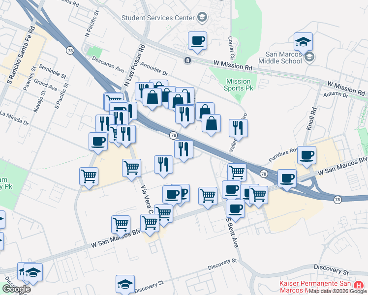 map of restaurants, bars, coffee shops, grocery stores, and more near 1000-1098 Grand Ave in San Marcos