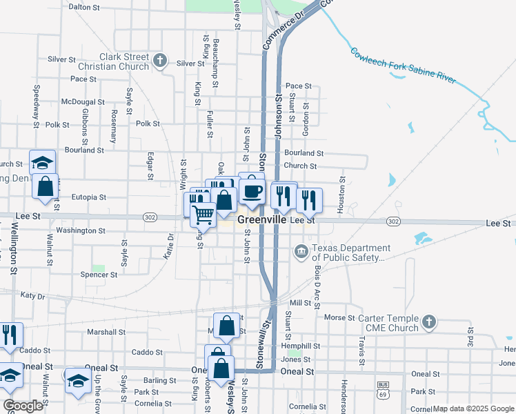 map of restaurants, bars, coffee shops, grocery stores, and more near 2219 Saint John Street in Greenville
