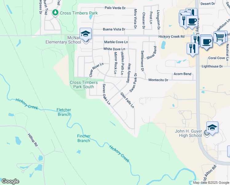 map of restaurants, bars, coffee shops, grocery stores, and more near 8608 Serenity Way in Denton