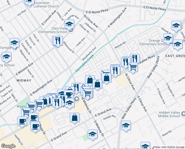 map of restaurants, bars, coffee shops, grocery stores, and more near 2280 East Valley Parkway in Escondido