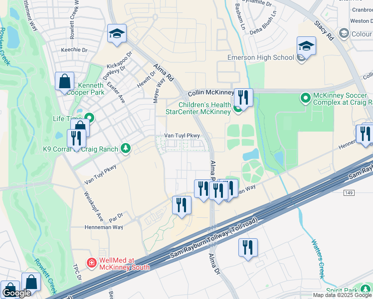 map of restaurants, bars, coffee shops, grocery stores, and more near 7151 Van Tuyl Parkway in McKinney