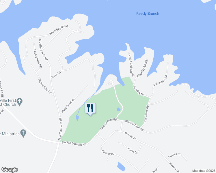 map of restaurants, bars, coffee shops, grocery stores, and more near 180 Bass Northeast in Milledgeville