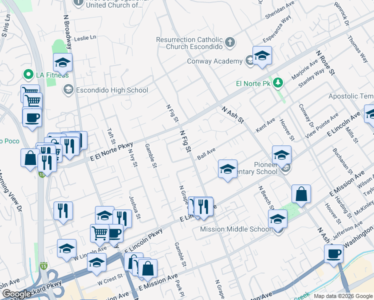 map of restaurants, bars, coffee shops, grocery stores, and more near 1229 North Fig Street in Escondido