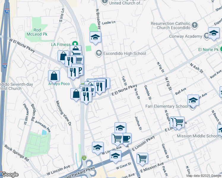 map of restaurants, bars, coffee shops, grocery stores, and more near 140 East El Norte Parkway in Escondido