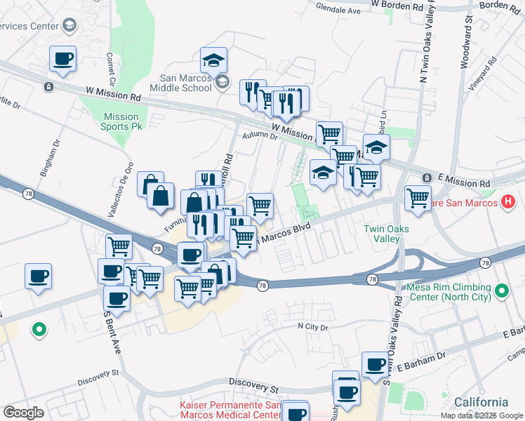 map of restaurants, bars, coffee shops, grocery stores, and more near 428 West San Marcos Boulevard in San Marcos