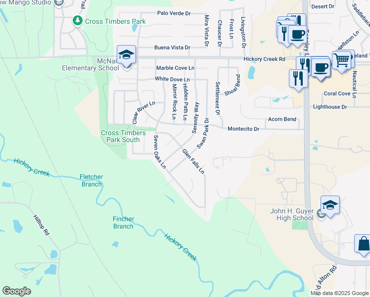 map of restaurants, bars, coffee shops, grocery stores, and more near 8508 Serenity Way in Denton