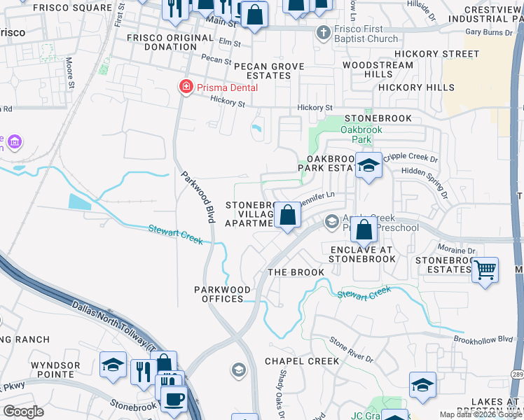 map of restaurants, bars, coffee shops, grocery stores, and more near 7500 Rolling Brook Drive in Frisco