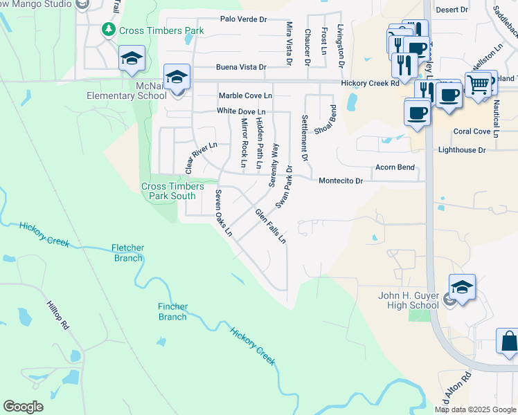 map of restaurants, bars, coffee shops, grocery stores, and more near 8508 Serenity Way in Denton