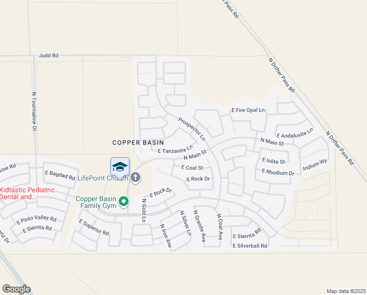 map of restaurants, bars, coffee shops, grocery stores, and more near 4182 East Tanzanite Lane in Queen Creek