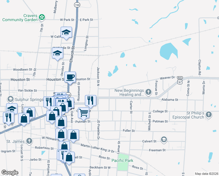 map of restaurants, bars, coffee shops, grocery stores, and more near 201 Weaver Drive in Sulphur Springs