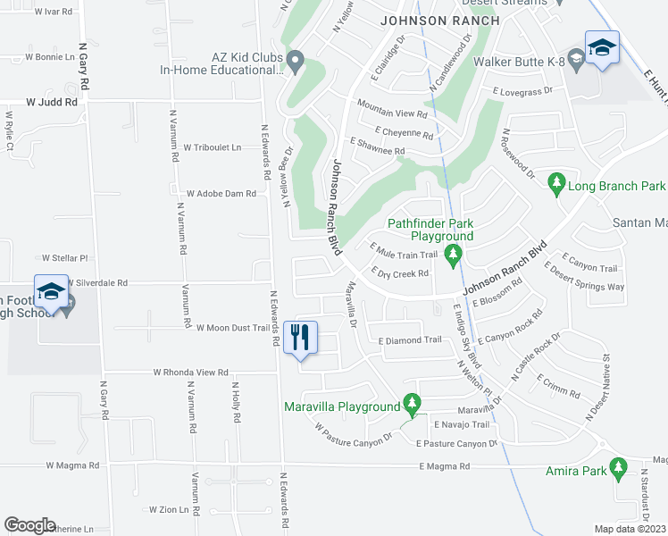 map of restaurants, bars, coffee shops, grocery stores, and more near 18 West Saddle Way in Queen Creek
