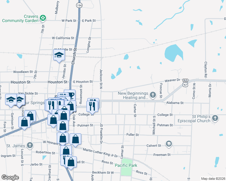 map of restaurants, bars, coffee shops, grocery stores, and more near 201 Weaver Drive in Sulphur Springs
