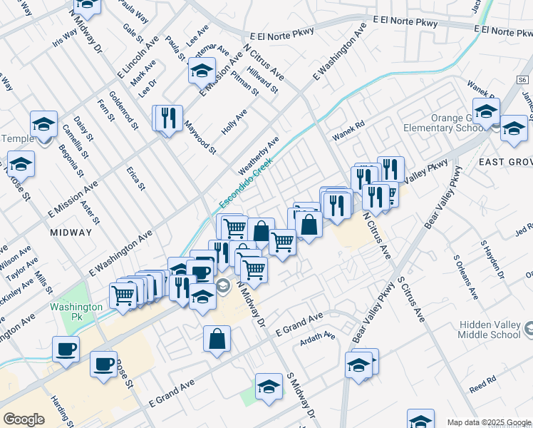 map of restaurants, bars, coffee shops, grocery stores, and more near 2280 East Valley Parkway in Escondido