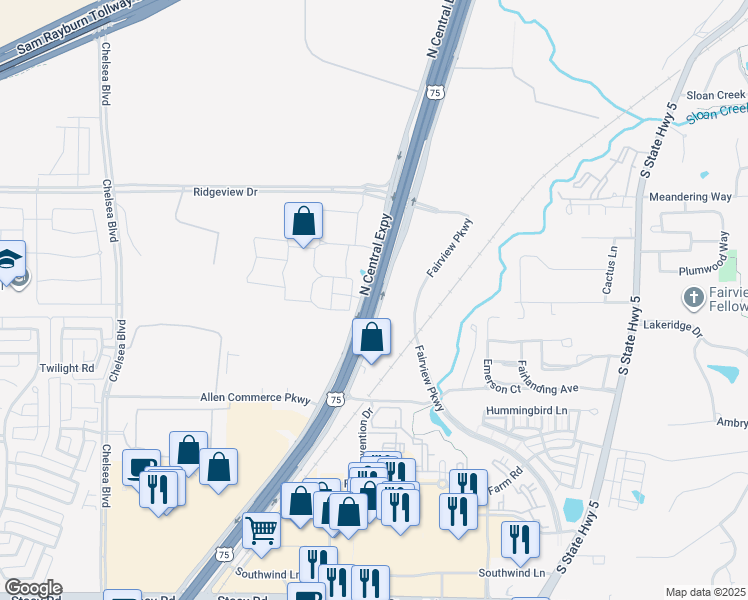 map of restaurants, bars, coffee shops, grocery stores, and more near Central Expressway in Allen