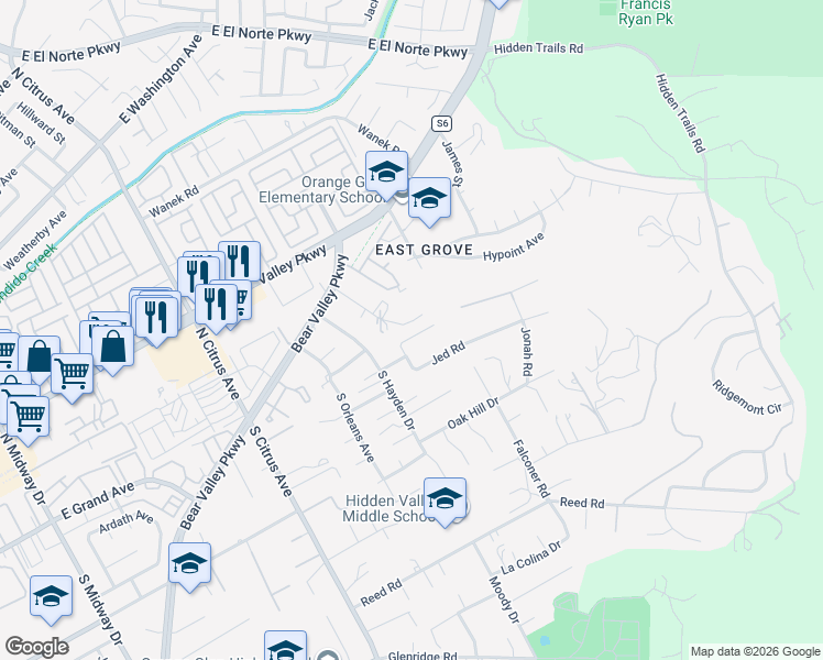 map of restaurants, bars, coffee shops, grocery stores, and more near 2750 Jody Place in Escondido