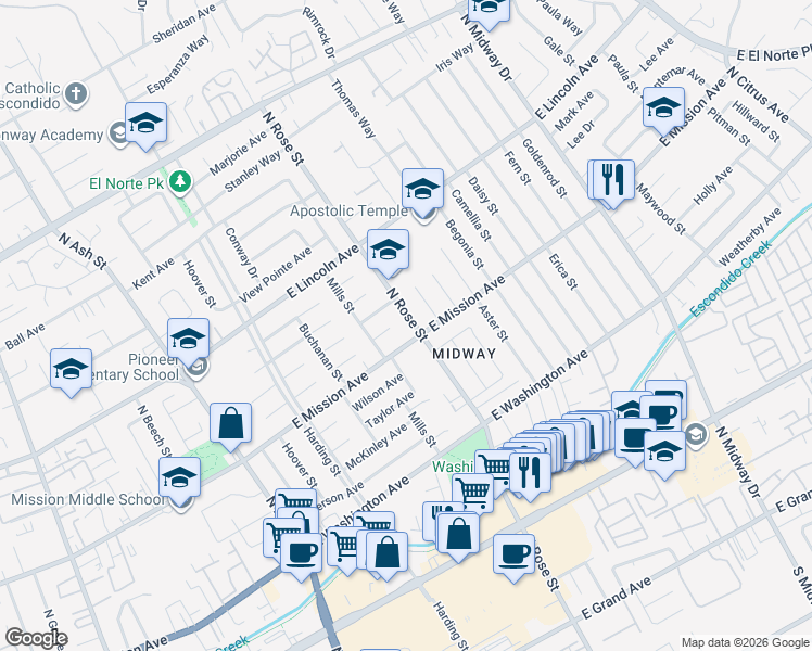 map of restaurants, bars, coffee shops, grocery stores, and more near 819 North Rose Street in Escondido