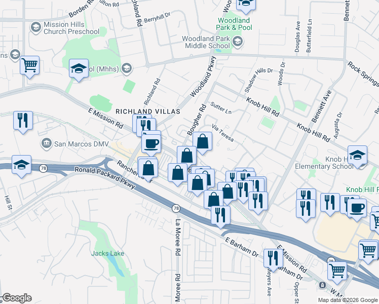 map of restaurants, bars, coffee shops, grocery stores, and more near 1031 Ficus Lane in San Marcos