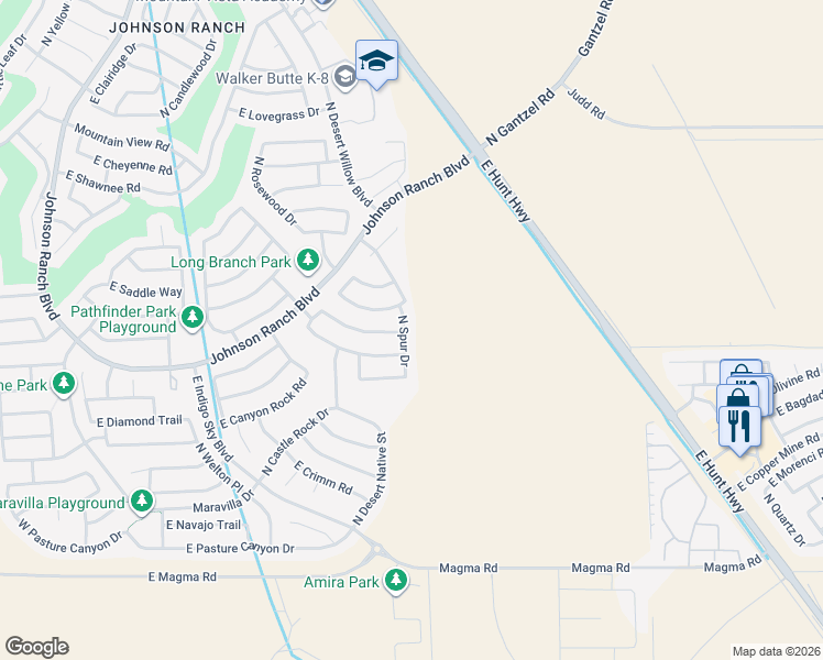 map of restaurants, bars, coffee shops, grocery stores, and more near 28763 North Spur Drive in San Tan Valley