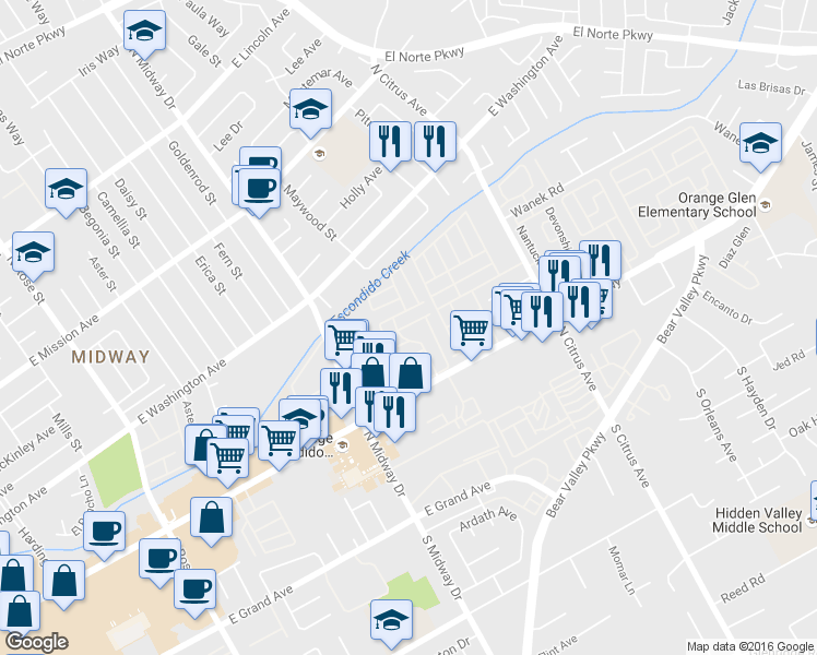 map of restaurants, bars, coffee shops, grocery stores, and more near 2280 East Valley Parkway in Escondido