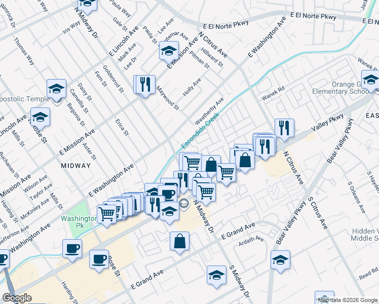 map of restaurants, bars, coffee shops, grocery stores, and more near 540 Boxwood Glen in Escondido
