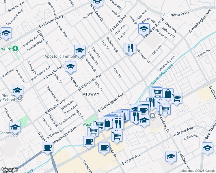 map of restaurants, bars, coffee shops, grocery stores, and more near 704 Camellia Street in Escondido