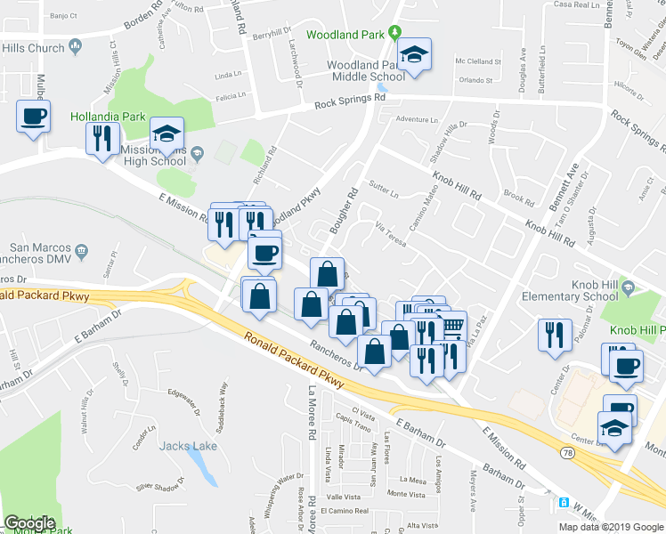 map of restaurants, bars, coffee shops, grocery stores, and more near 1010 Grape Street in San Marcos