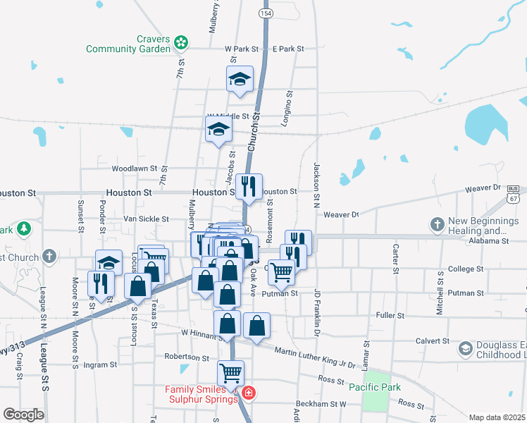 map of restaurants, bars, coffee shops, grocery stores, and more near 417 Rosemont Street in Sulphur Springs
