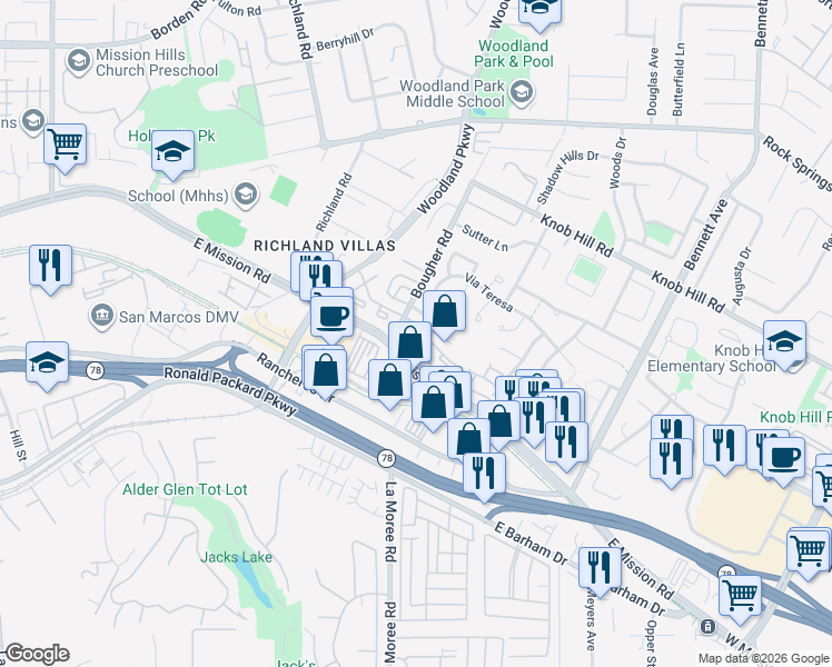 map of restaurants, bars, coffee shops, grocery stores, and more near 1055 Ficus Lane in San Marcos