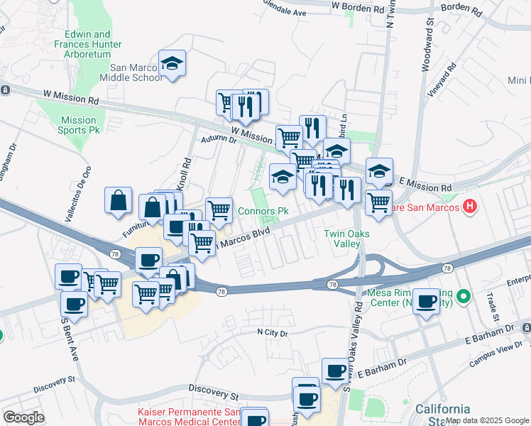 map of restaurants, bars, coffee shops, grocery stores, and more near 320 West San Marcos Boulevard in San Marcos