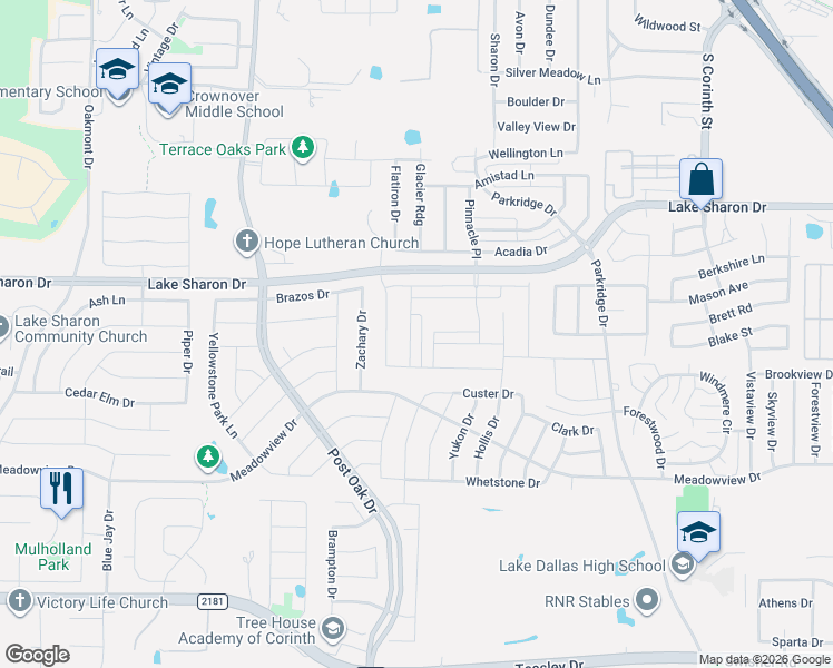 map of restaurants, bars, coffee shops, grocery stores, and more near 2300 Lake Sharon Drive in Corinth