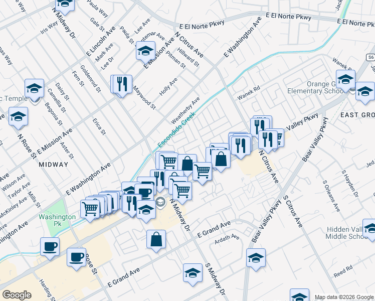 map of restaurants, bars, coffee shops, grocery stores, and more near 2280 East Valley Parkway in Escondido