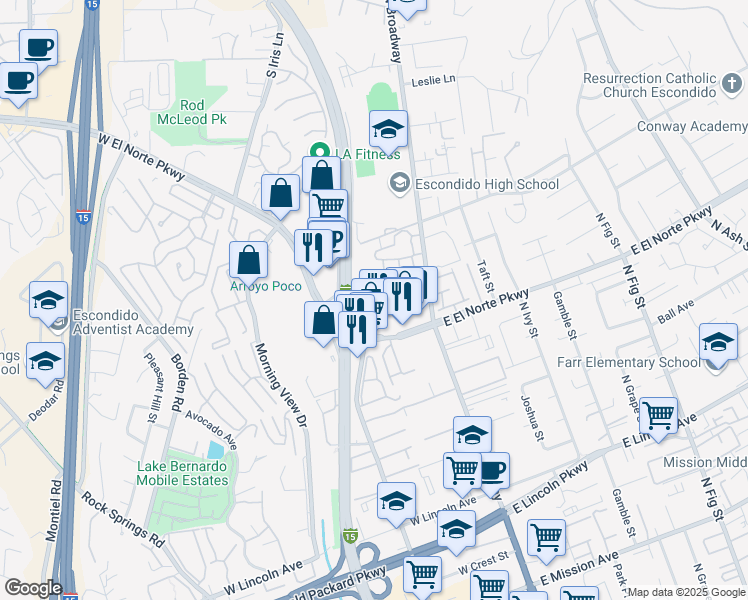 map of restaurants, bars, coffee shops, grocery stores, and more near 1300 North Escondido Boulevard in Escondido