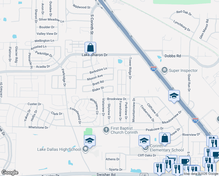 map of restaurants, bars, coffee shops, grocery stores, and more near 3117 Blake Street in Corinth
