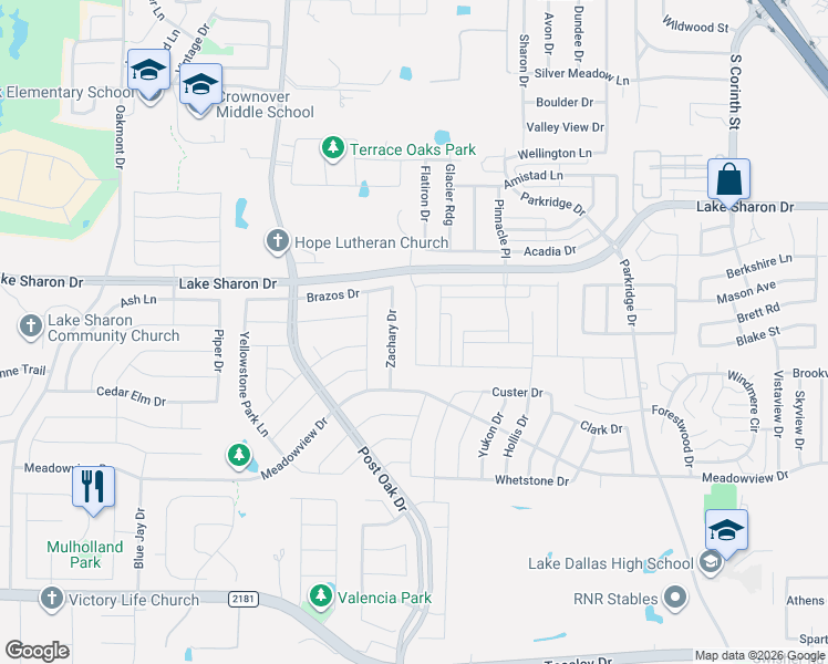 map of restaurants, bars, coffee shops, grocery stores, and more near 2612 Zachary Drive in Corinth